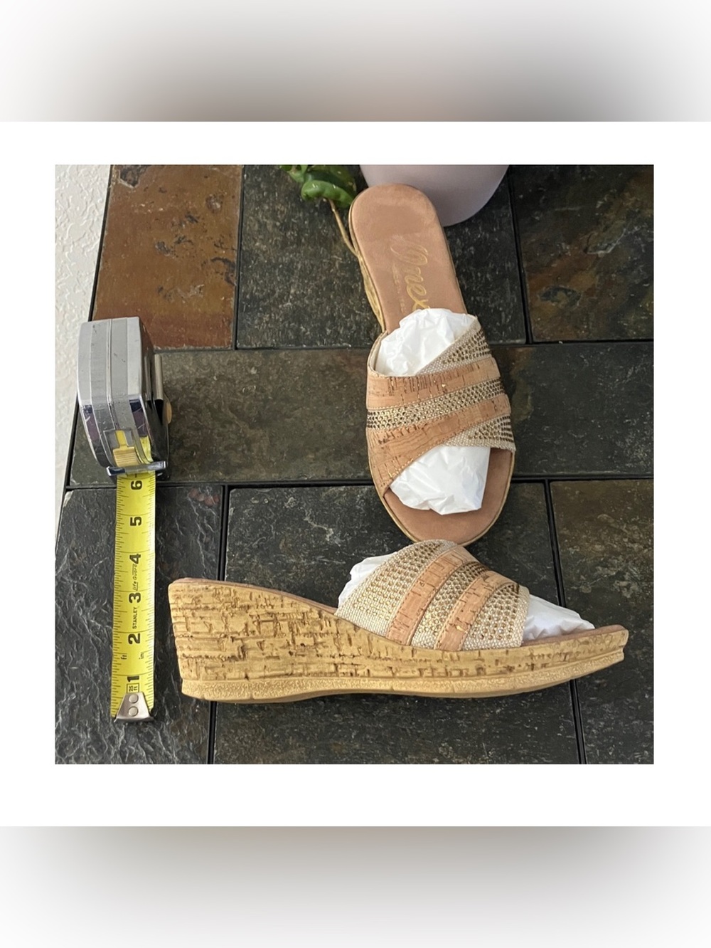 Onex Style Blanche Wedge Slide Sandal in Cork‎ & Neutral size 9 New -Rhinestones